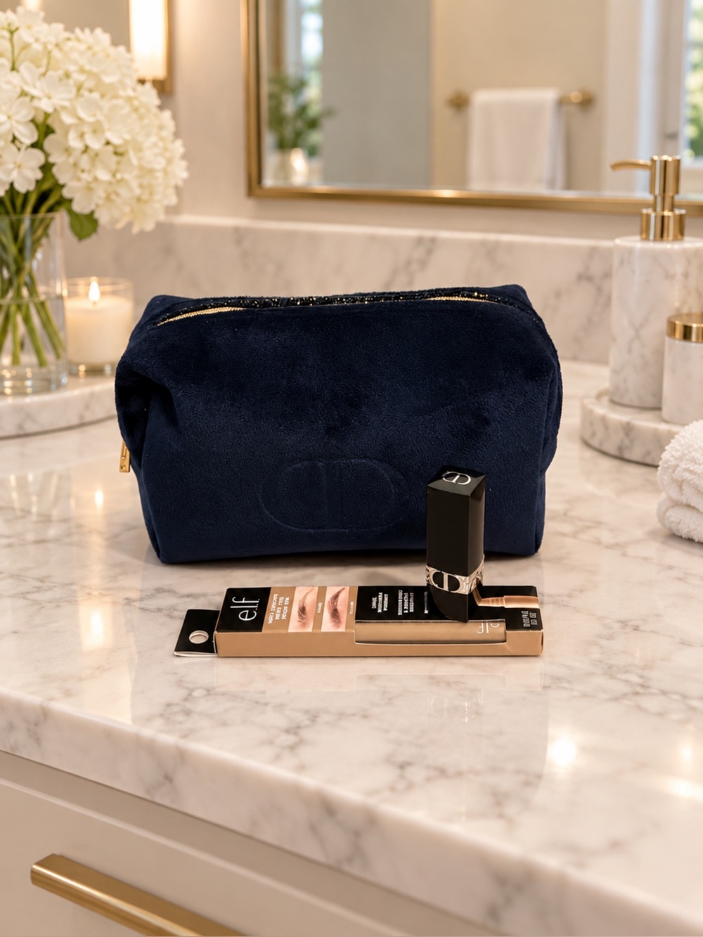 Dior Navy Velvet Cosmetic Pouch, with Dior Lippy